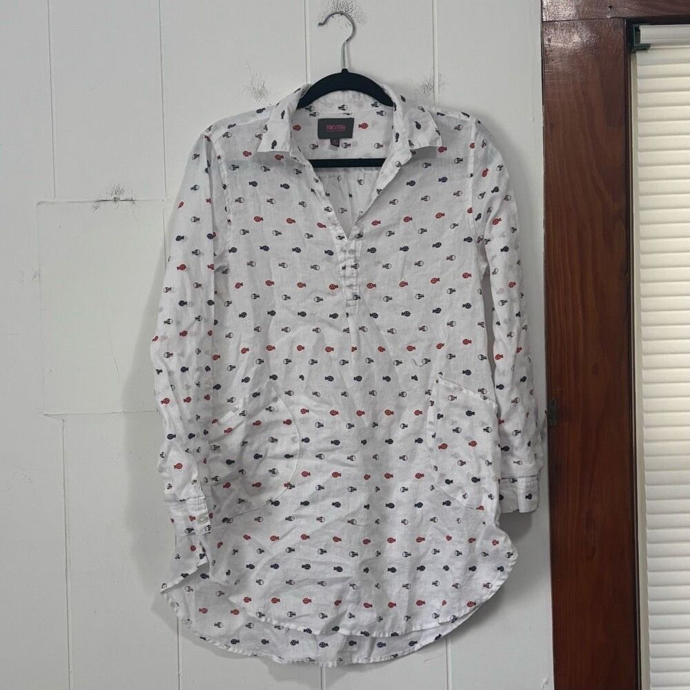 For Cynthia Beachwear White Linen Fish Dress Coverup‎ Large coastal